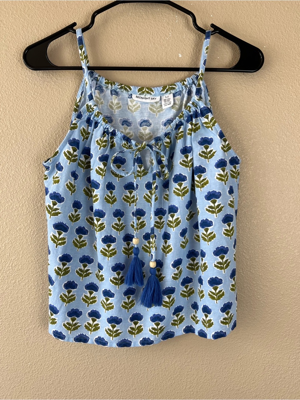 Blue floral block print tassel tie tank top